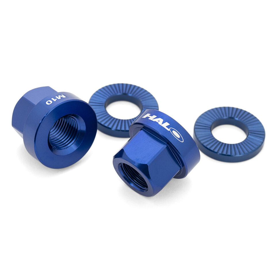 Halo 10mm alloy axle nuts and washers in anodised blue