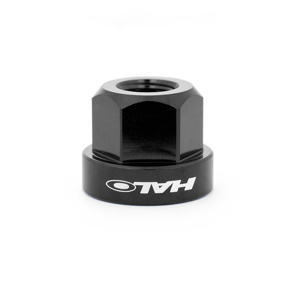Halo 9mm alloy axle nut in anodised black