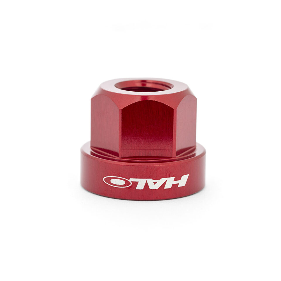 Halo 9mm alloy axle nut in anodised red