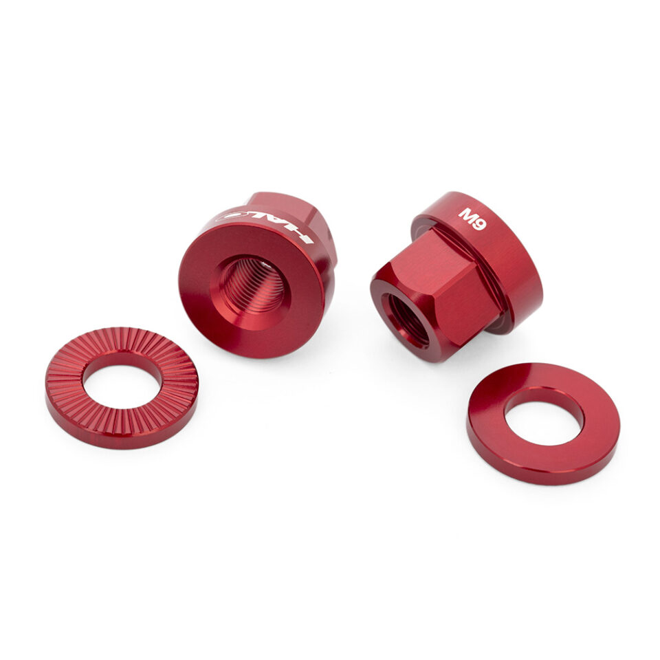 Halo 9mm alloy axle nuts and washers in anodised red